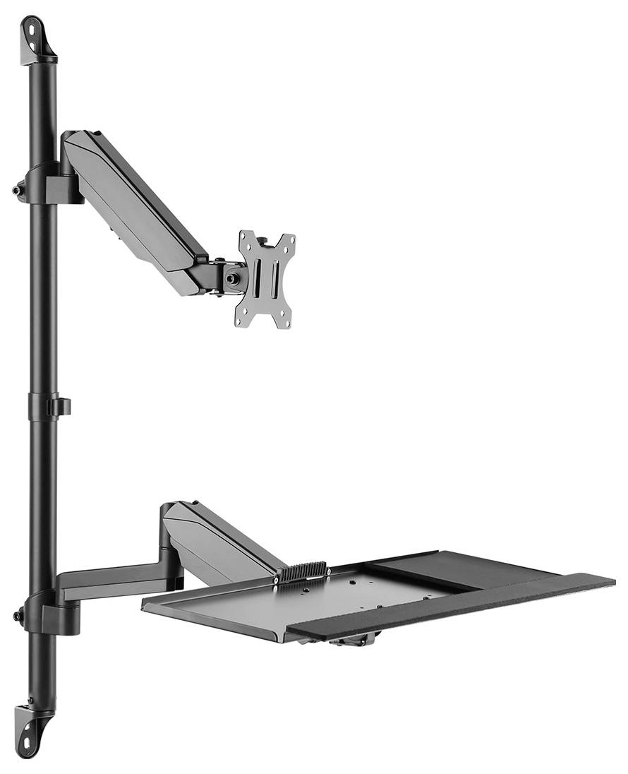 Monitorhalterung mit verstellbarem Arm und Ablage für Tastatur. Wandmontage, ergonomisch und platzsparend.