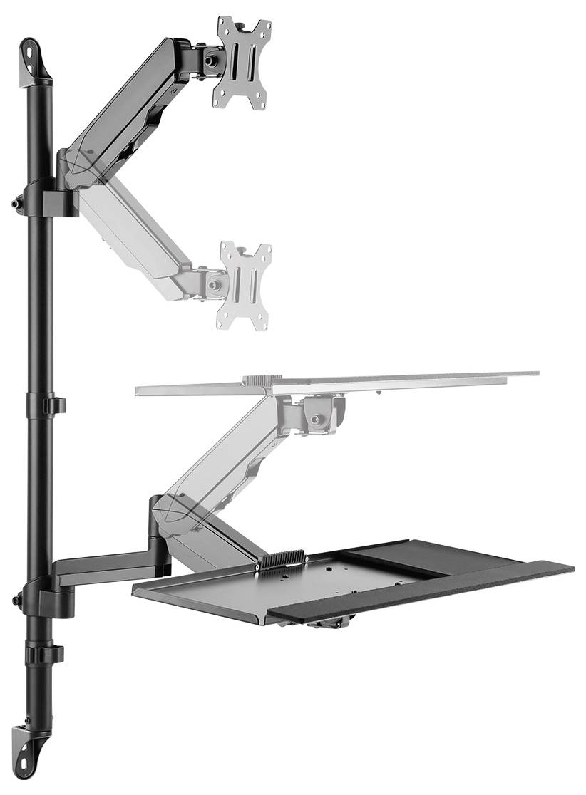 Zwei verstellbare Monitorarme mit einer zusätzlichen Ablage für Tastatur oder Laptop, montiert an einer vertikalen Stange.