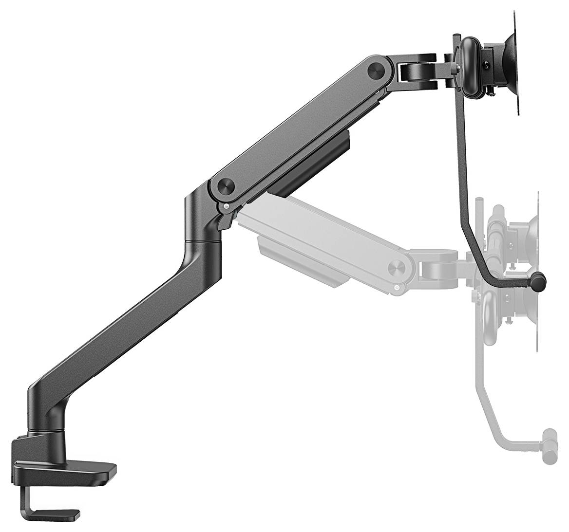 Ein verstellbarer Monitorarm, der an einem Tisch befestigt ist. Der Arm ist flexibel und ermöglicht die Positionierung des Bildschirms.