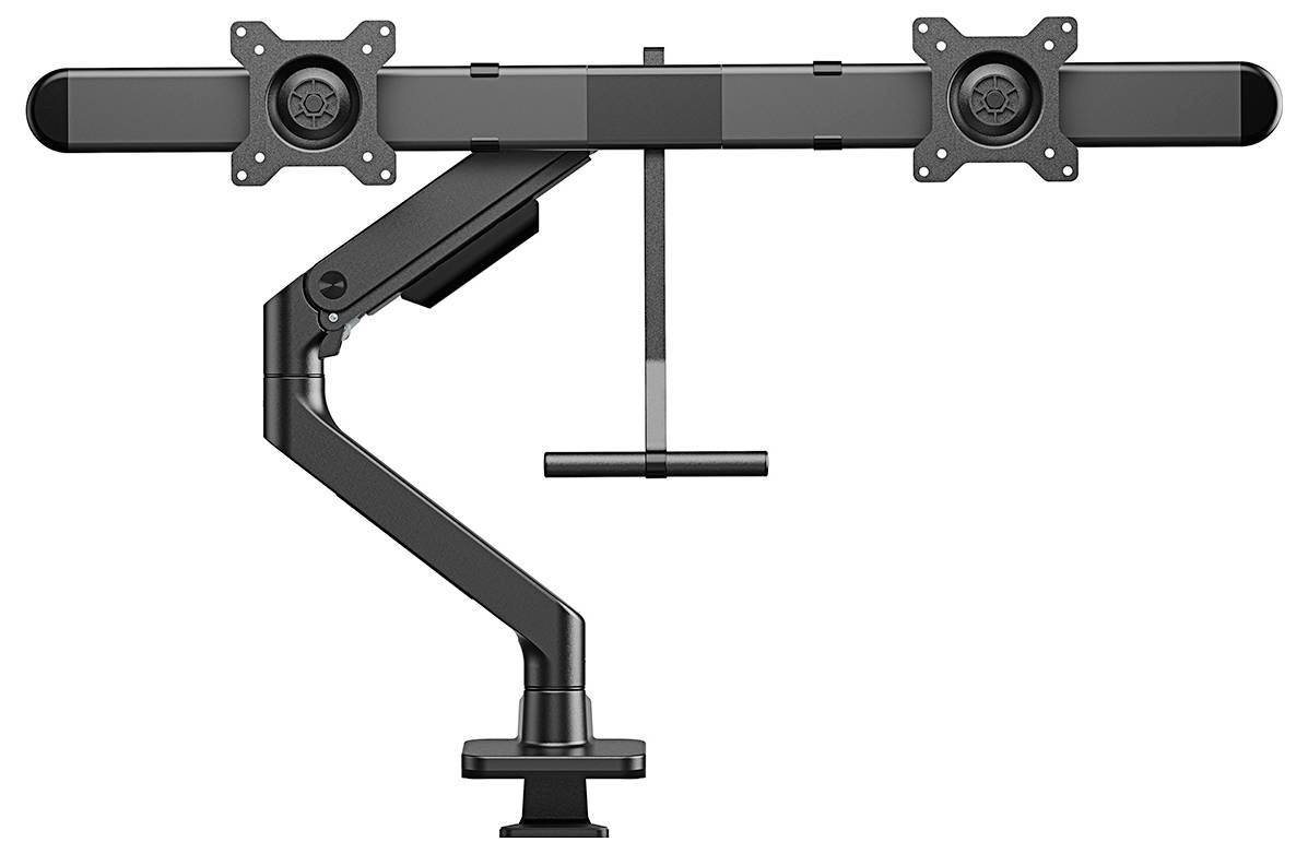 Doppelmonitorhalterung mit flexiblem Arm zur Befestigung von zwei Bildschirmen. Eignet sich für ergonomisches Arbeiten.