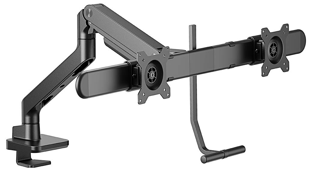 Ein schwarzer, verstellbarer Monitorarm mit zwei Halterungen für die Befestigung von Bildschirmen, geeignet für ergonomische Arbeitsplätze.