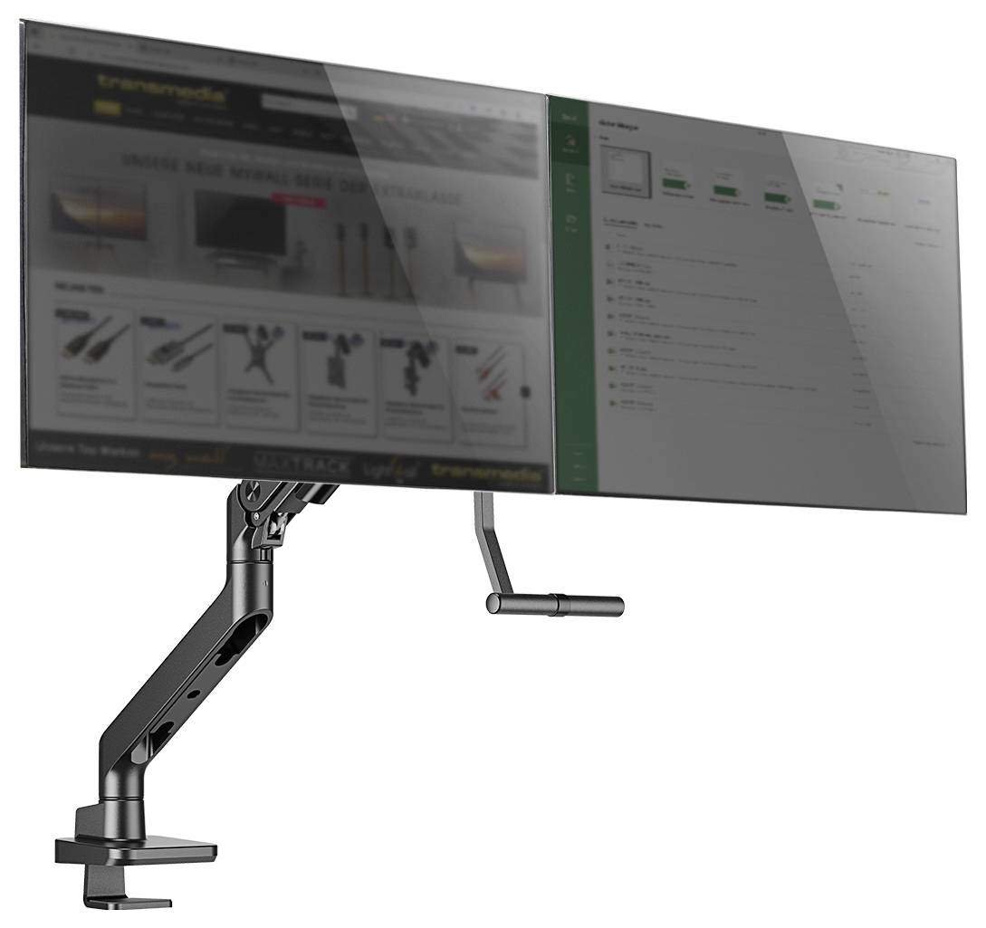 Ein Monitorhalter mit einem montierten Bildschirm zeigt auf der linken Seite Werkzeugvorschläge und rechts eine Bestellliste.