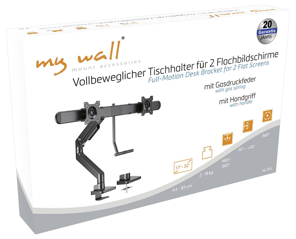 Vollbeweglicher Tischhalter für 2 Flachbildschirme mit Gasdruckfeder, geeignet für Bildschirmgrößen von 17-32 Zoll.