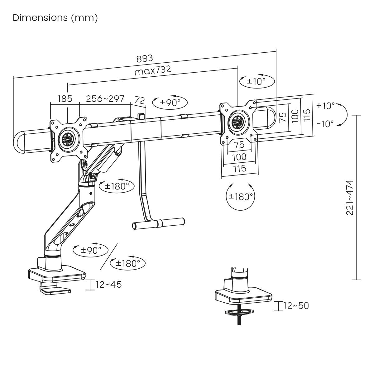 Zeichnung eines verstellbaren Monitorarms mit Montage am Tisch. Dimensionen und Winkel in Millimetern angegeben.