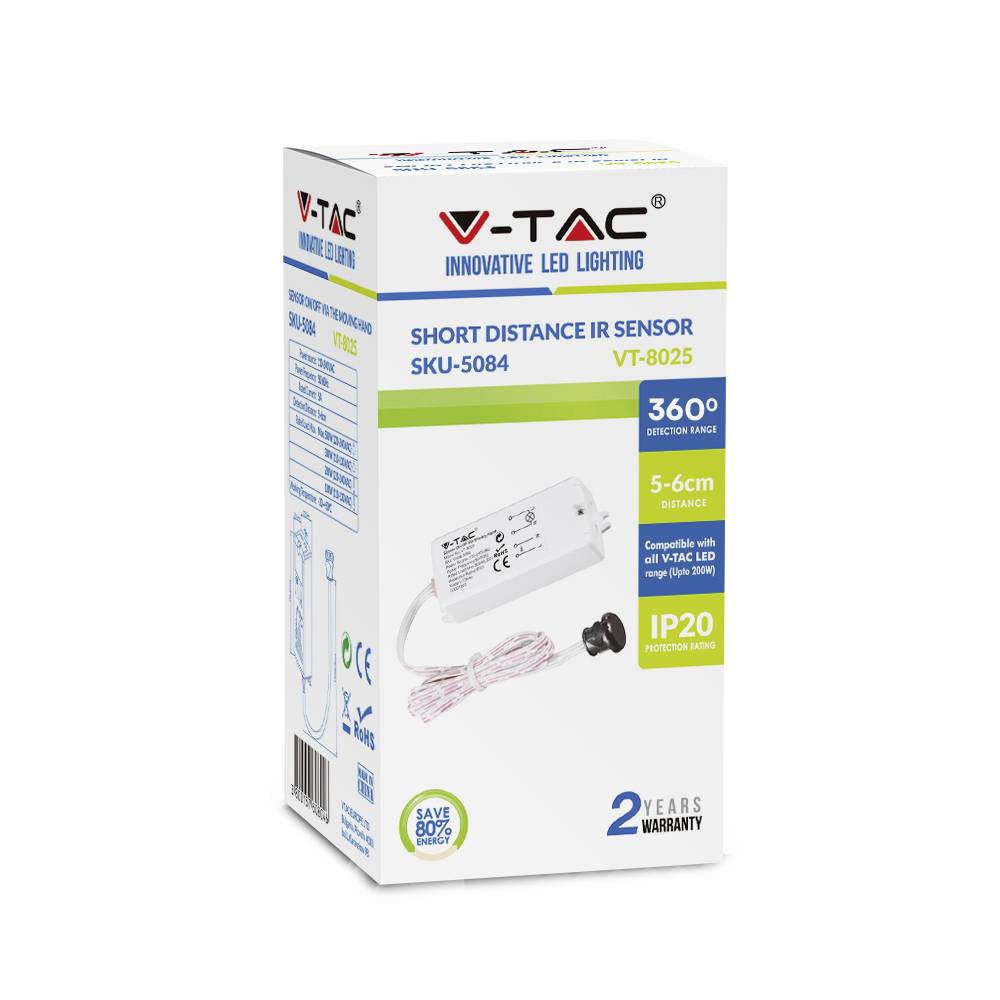 V-TAC Innovative LED Lighting: Kurzdistanzen-IR-Sensor SKU-5084, VT-8025, 5-6 cm Reichweite, 360° Abdeckung, IP20, 2 Jahre Garantie.