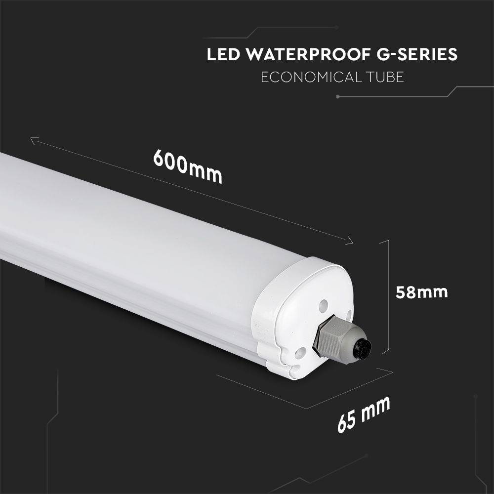 'LED Waterproof G-Series Economical Tube' mit Abmessungen: Länge 600 mm, Breite 65 mm, Höhe 58 mm.