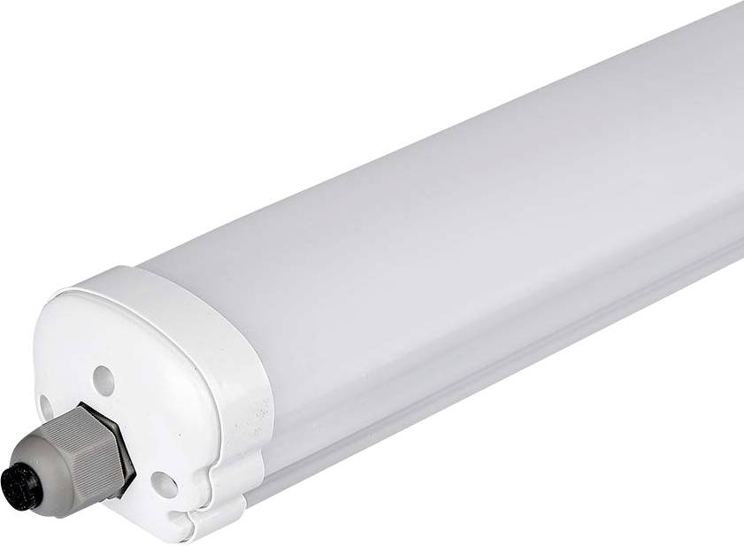 Weiße LED-Röhre mit abgerundetem Ende und schwarzem Anschlussstecker, geeignet für Beleuchtungsanwendungen in Innenräumen.