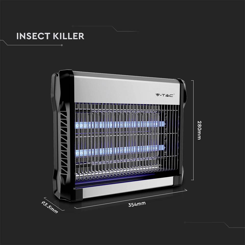 Elektrischer Insektenvernichter, silbernes Gehäuse, blaues UV-Licht. Maße: 354 mm Breite, 280 mm Höhe, 95 mm Tiefe.