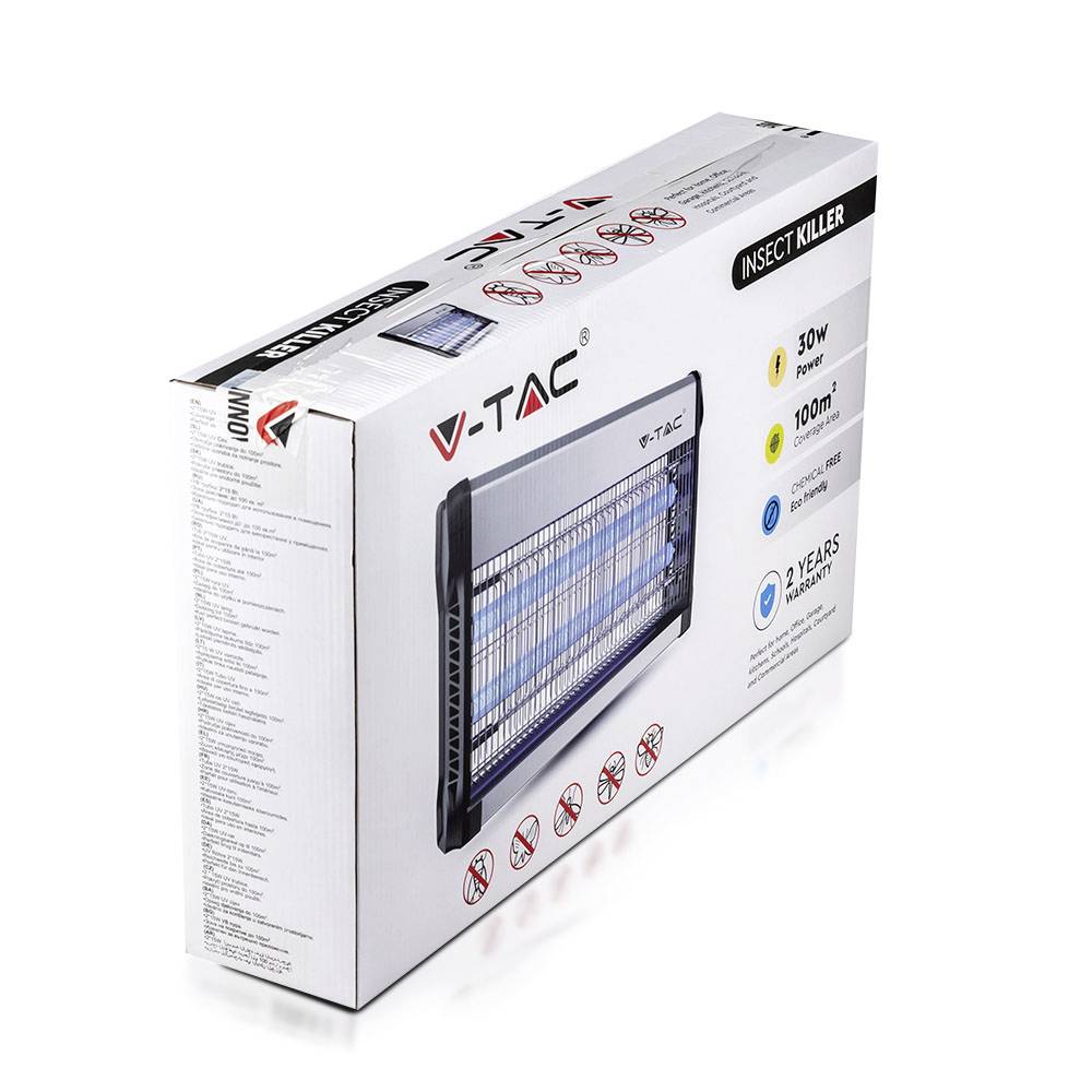 Verpackung eines elektrischen Insektenvernichters mit Abbildung des Geräts, wichtigen Spezifikationen und Sicherheitswarnungen.