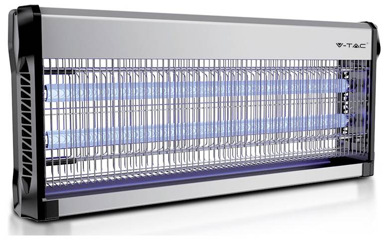 Elektrischer Insektenvernichter mit zwei blauen UV-Lampen und Gitterdesign, zur Schädlingsbekämpfung in Innenräumen.