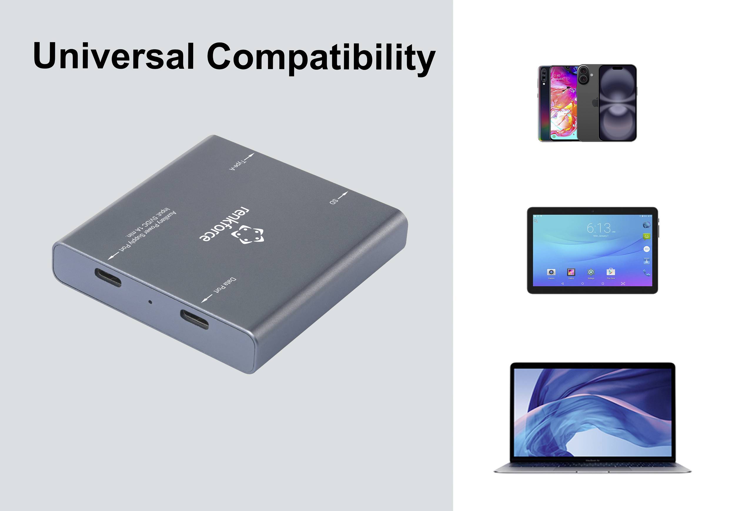 'Universal Compatibility' Ladegerät, kompatibel mit verschiedenen Geräten: Smartphone, Tablet, Laptop.
