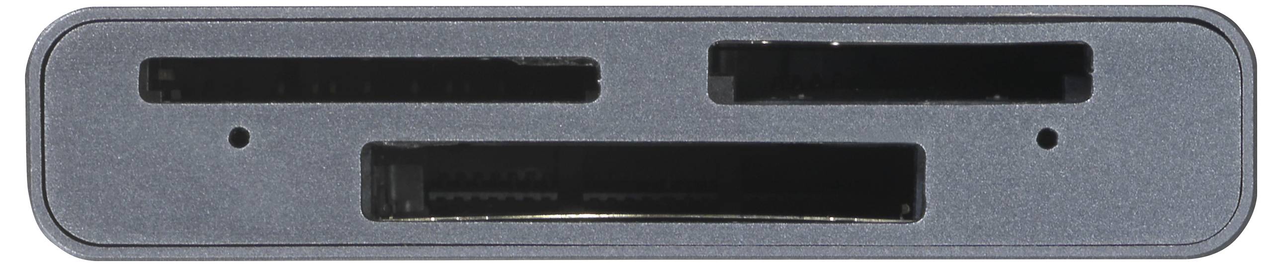 Metallgehäuse mit zwei rechteckigen Steckplätzen und einer länglichen Öffnung in der Mitte, möglicherweise ein Gerät für Datenverbindungen.