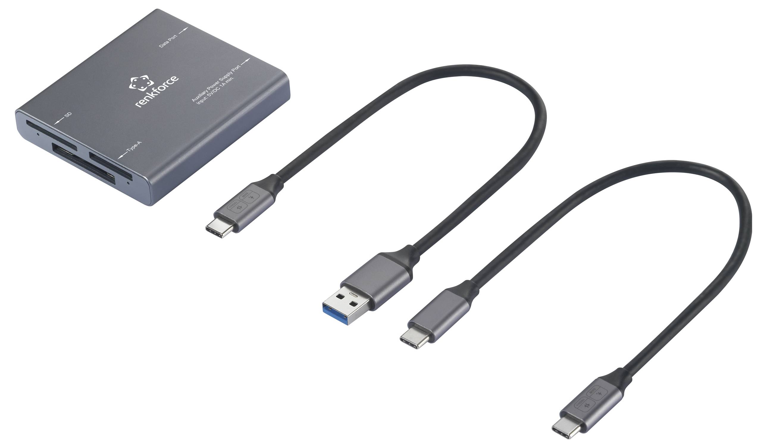 Ein USB-C-Hub mit mehreren Anschlüssen und zwei USB-C-auf-USB-C-Kabeln und einem USB-A-auf-USB-C-Kabel. Ideal für Konnektivität.