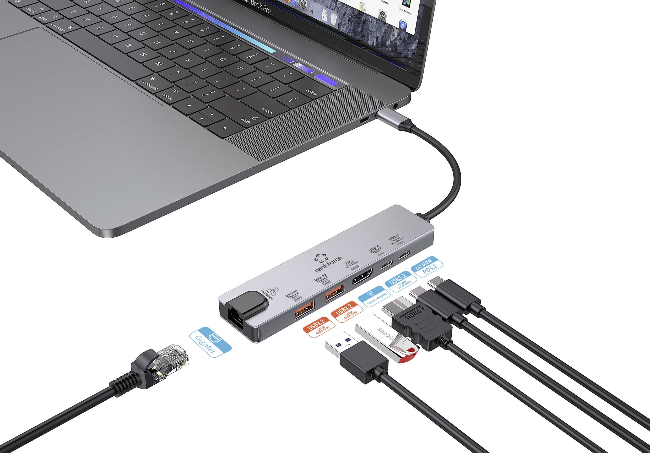Renkforce USB-C® Dockingstation RF-USBH-550 Passend für Marke Dockingstations: Acer, Apple, Asus, Dell, HP, Huawei, Lenovo