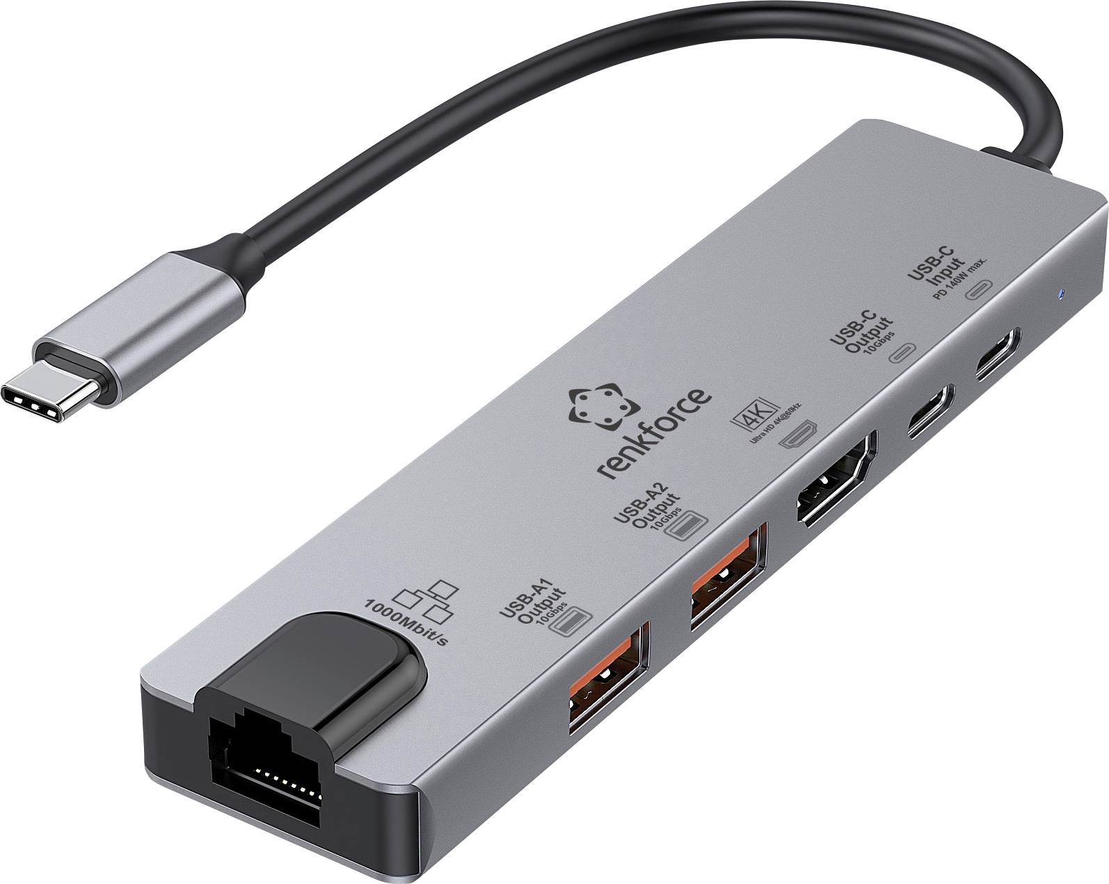 USB-C-Hub mit Ethernet-, HDMI-, USB-A- und USB-C-Anschlüssen, geeignet für 4K-Video; Markenname 'renkforce'.
