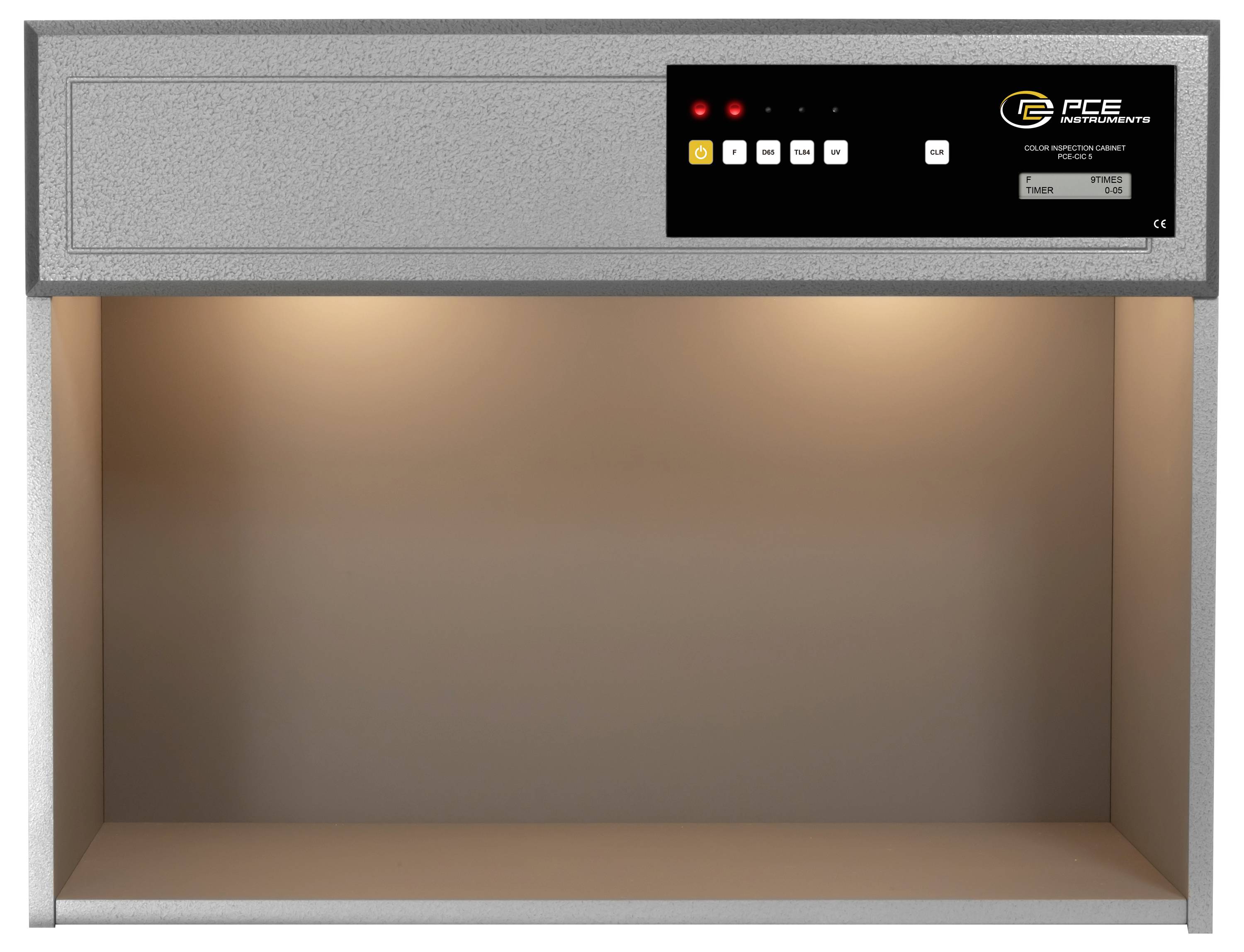 Leeres Klimakammer-/Inkubatorschrank mit beleuchteter Innenraum, vorderes Bedienfeld und PCE Instruments-Branding oben rechts.