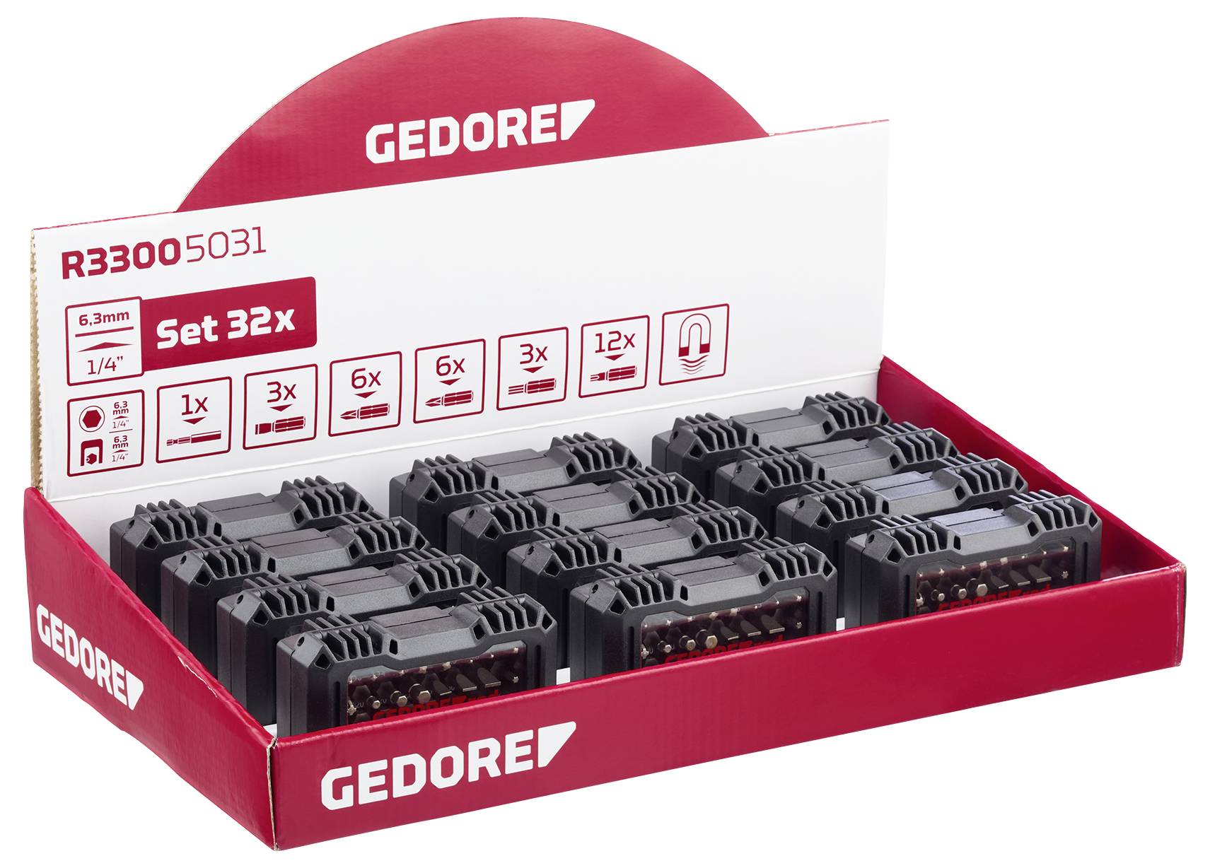 Set von 32 GEDORE-Steckschlüsseleinsätzen in roter Verpackung, Rückseite zeigt 'R33005031' und 'Set 32x' mit Größenangaben.