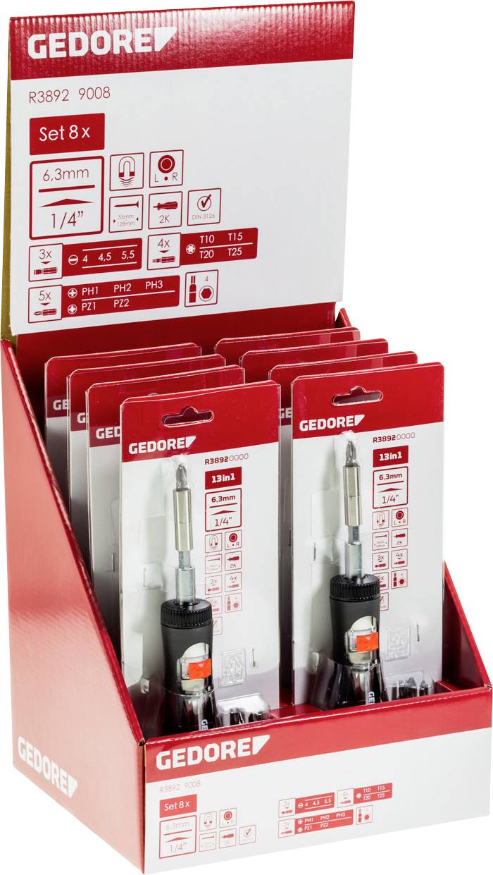 'GEDORE Set 8x' Displaybox mit mehreren Schraubendreher-Sets, jeweils mit 6,3 mm Bitaufnahme und verschiedenen Steckaufsätzen.