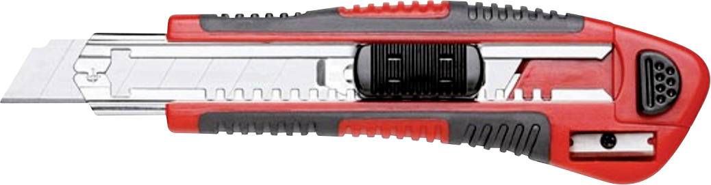 Ein rotes und schwarzes Cuttermesser mit einziehbarer Klinge und ergonomischem Griff.
