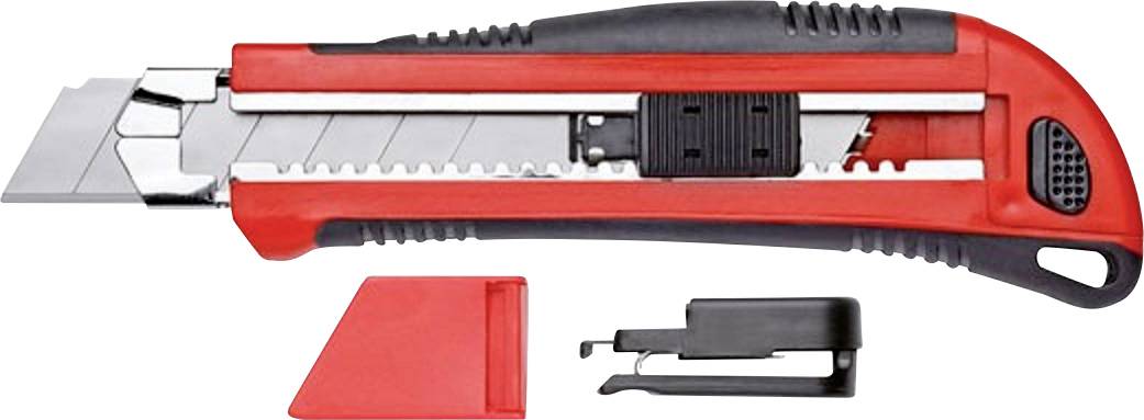 Rotes und schwarzes Cuttermesser mit ausgefahrener Klinge, Ersatzklinge und Klingenschutz. Hauptsächlich zum Schneiden verwendet.