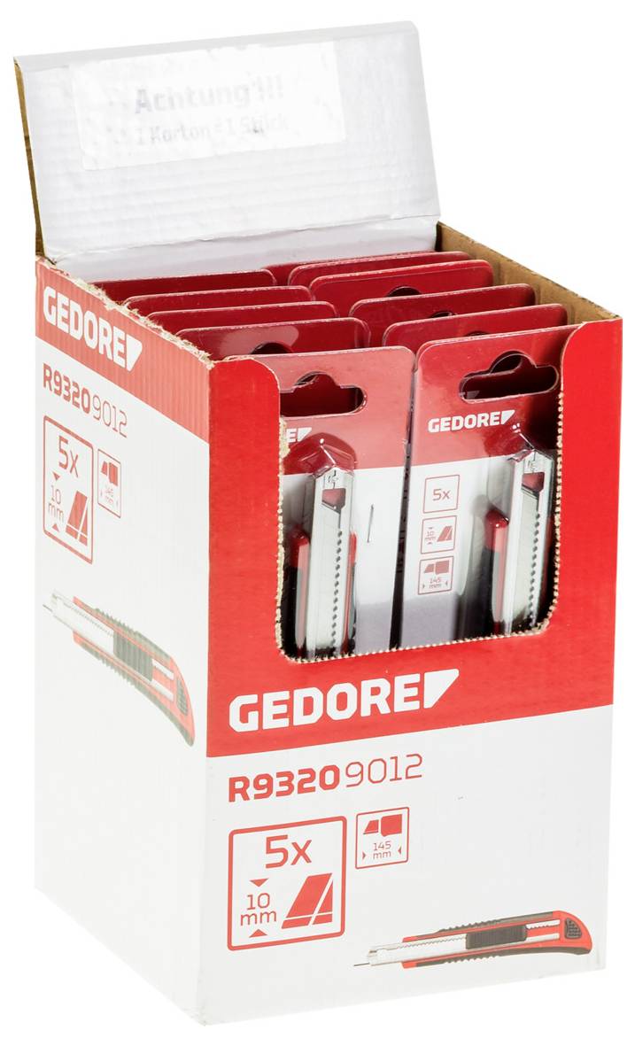 Ein offener Karton mit mehreren roten Cutter-Messern der Marke Gedore. Auf der Verpackung steht 'R9320 9012' und '5x 10 mm'.
