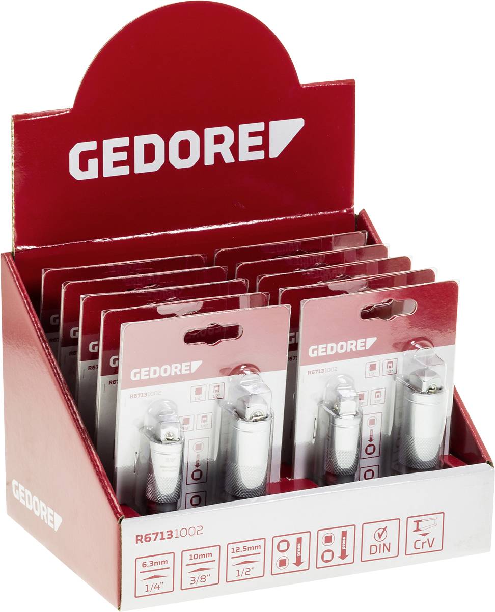 Verpackungsdisplay mit mehreren Gedore-Drehmomentschlüsseln in Blisterverpackungen, präsentiert in einem roten Kartonständer.