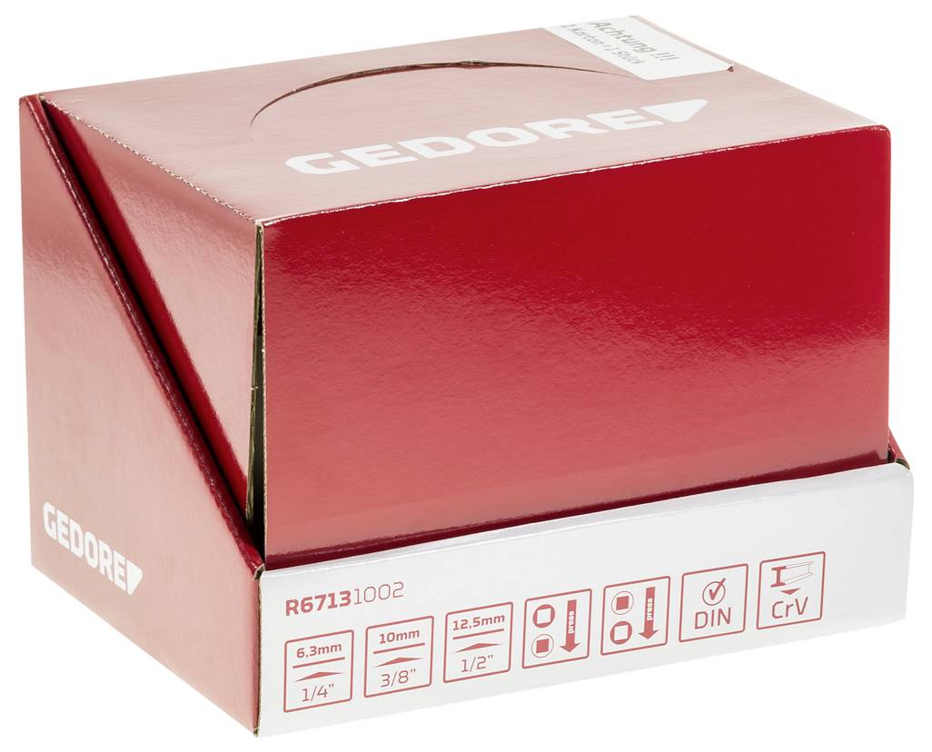 Roter Karton mit dem Aufdruck 'GEDORE'. Enthält Werkzeuge, dargestellt durch Symbole für verschiedene Größen und Typen auf der Vorderseite.