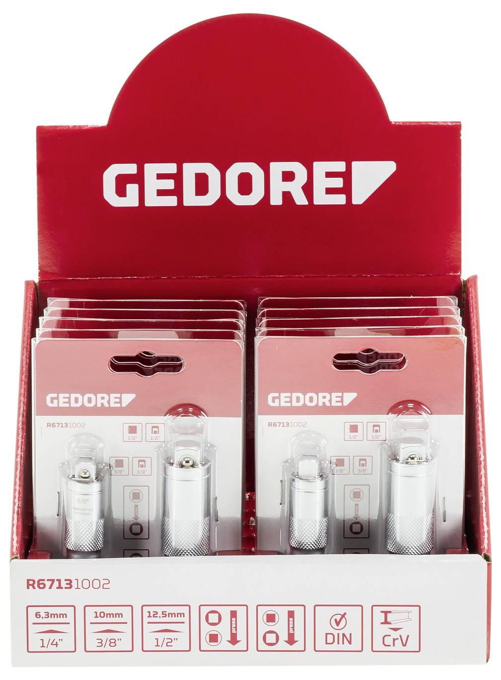Ein Display mit mehreren GEDORE Stecknüssen in zwei Reihen. Größen: 6,3 mm, 10 mm, 12,5 mm. Angaben 'DIN' und 'CrV' auf der Verpackung.