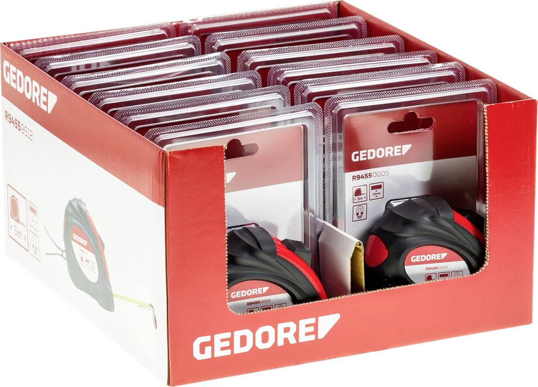 Verpackung mit mehreren Maßbändern der Marke Gedore, präsentiert in roten und transparenten Plastikverpackungen in einem Karton.