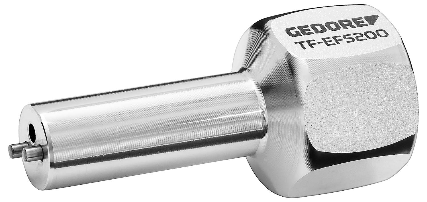 Ein sechseckiger Stahlschlüssel mit Aufschrift 'GEDORE TF-EFS200', verwendet für spezifische Schraub- oder Drehvorgänge.