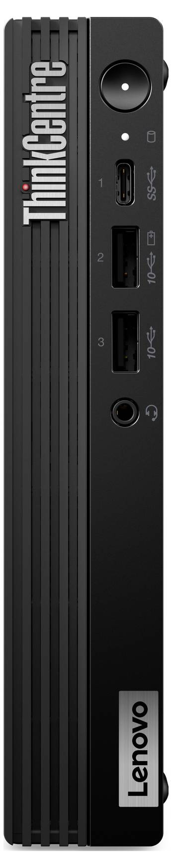 Eine vertikale, schwarze Lenovo ThinkCentre-Miniturm-PC-Frontansicht. Enthält USB-, HDMI- und Audioanschlüsse sowie Markenschriftzüge.