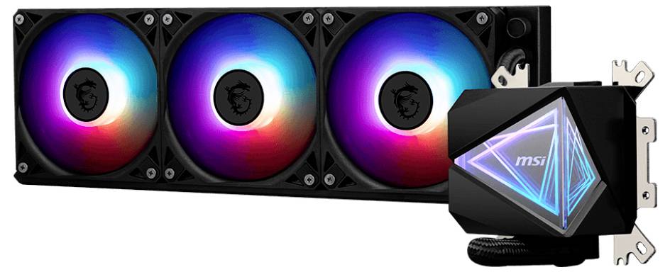 Grafikkarte mit drei Lüftern in RGB-Beleuchtung. Rechts eine schwarze, geometrische Kühleinheit mit leuchtendem MSI-Logo.