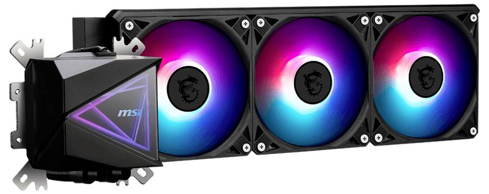 Ein schwarzer Computer-Kühler von MSI mit drei Lüftern, die in RGB-Farben leuchten, zeigt modernes Gaming-Design.