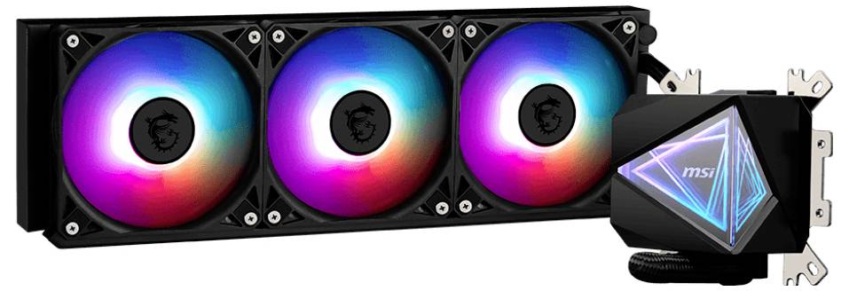 Dreifach-RGB-Lüfter-Kühlsystem und ein beleuchteter CPU-Wasserkühler mit geometrischem Design von MSI, für Computer-Überhitzungsschutz.