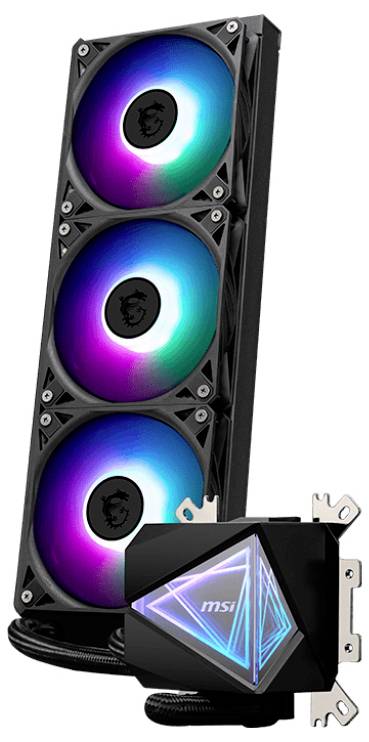 Dreifach-LED-Lüfterkühlsystem mit modernem Design, leuchtenden RGB-Farben und markanter Pumpe mit geometrischen Mustern.