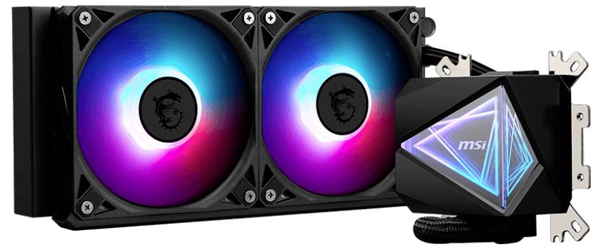 Ein Kühlsystem für Computer mit zwei runden Lüftern, die in bunten Farben leuchten, und einem rechteckigen Kühlerblock mit geometrischem Design.