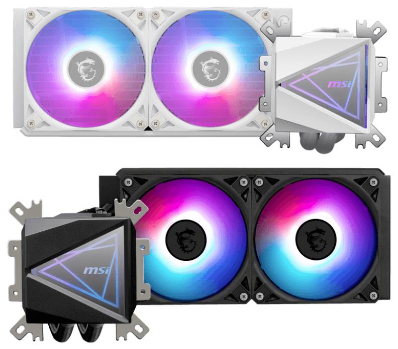 Zwei Computer-Kühlungssysteme mit LED-beleuchteten Lüftern in Weiß und Schwarz. Beide zeigen das 'msi'-Logo auf der Pumpe.