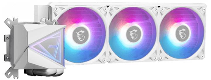 Weiße RGB-CPU-Wasserkühlung mit drei Lüftern und beleuchtetem Pumpenblock. Ideal für Gaming-PCs zur effizienten Kühlung.
