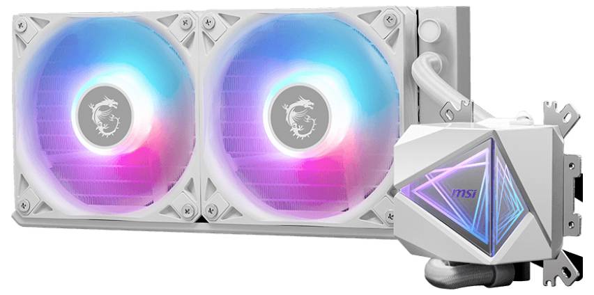 Weißer CPU-Kühler mit zwei beleuchteten Lüftern und farbigem LED-Design, passend für Gaming-Computer.