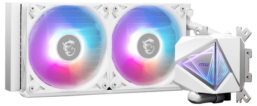 Weißer Computerlüfter mit RGB-Beleuchtung und transparentem Gehäusedeckel, links zwei beleuchtete Lüfter und rechts das Steuerelement.