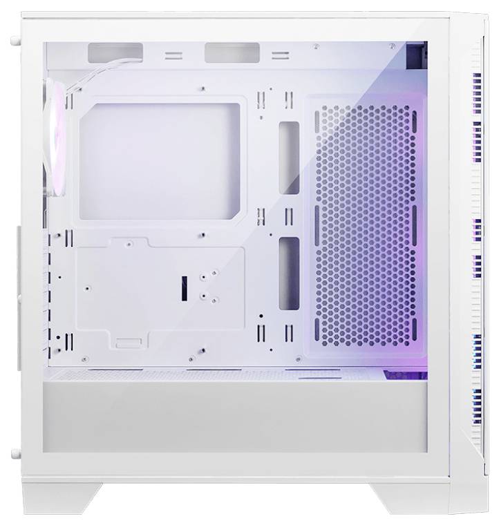 Computertower mit weißem Gehäuse, Seitensicht mit transparentem Plexiglas, zeigt inneren Aufbau ohne Komponenten, blauer Akzent.