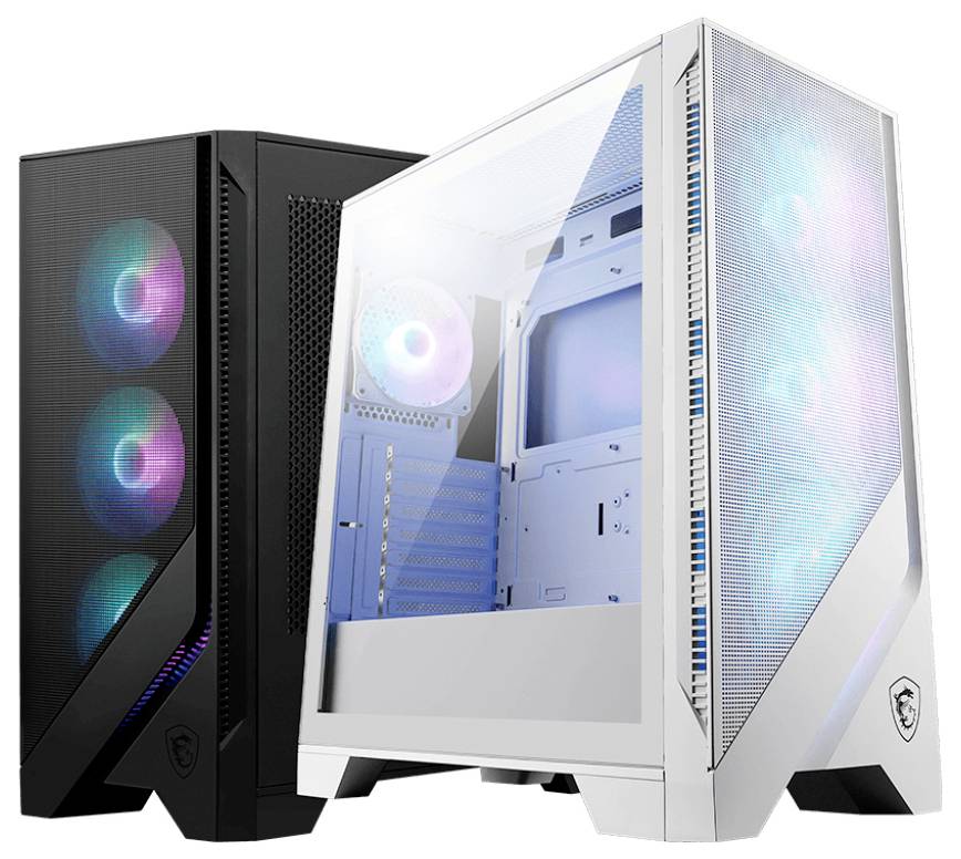 Zwei PC-Gehäuse, eines schwarz, eines weiß, beide mit RGB-beleuchteten Lüftern. Das weiße Gehäuse zeigt einen durchsichtigen Innenraum.