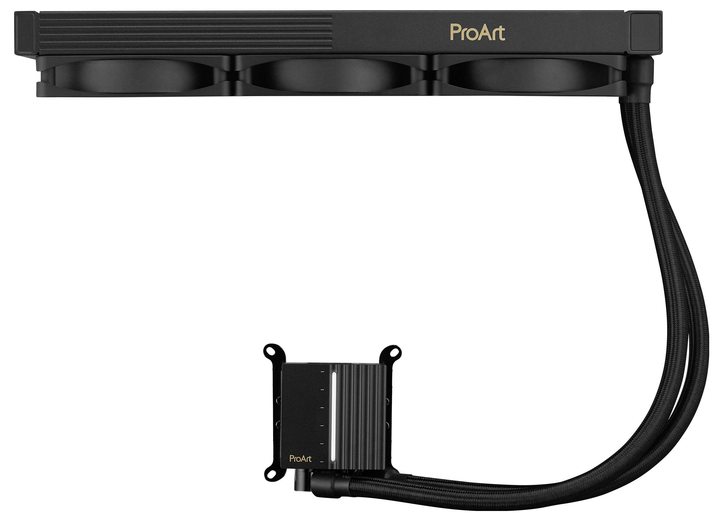 Kühlkomponente mit drei Lüftern und Schläuchen, beschriftet mit 'ProArt'.