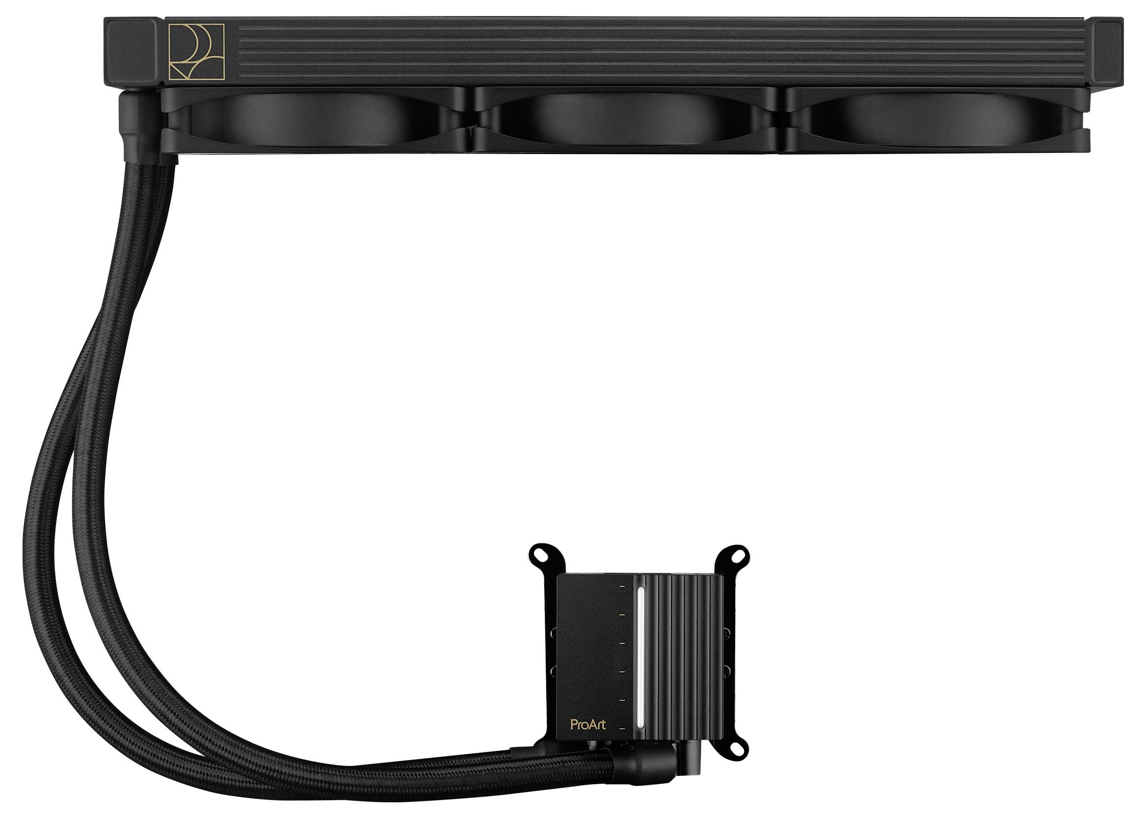 Dreifache Lüfter-Wasserkühlungseinheit mit Schläuchen und Pumpe, geeignet für Computerprozessorkühlung, in Schwarz.