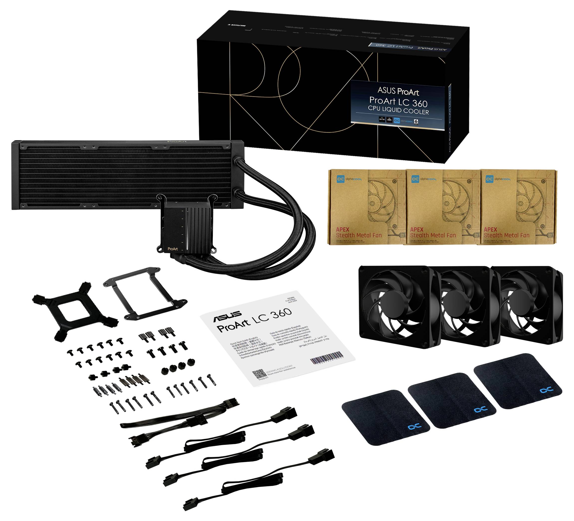 Ein ASUS ProArt LC 360 Flüssigkeitskühler mit Verpackung, Kühler, Lüftern, Schrauben und Anleitung für die CPU-Kühlung.