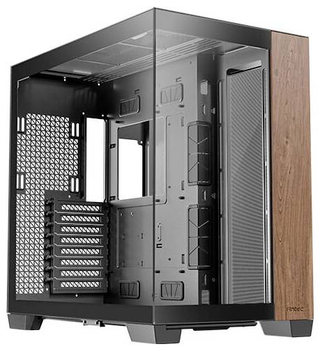 Schwarzes Computergehäuse mit Glasseitenwand, Holzverkleidung auf der Vorderseite. Geeignet für ATX-Mainboards und Vorderseite mit Luftstromöffnungen.