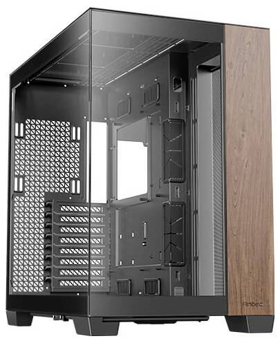 Ein leeres, modernes PC-Gehäuse mit Glasseiten und hölzerner Frontverkleidung.