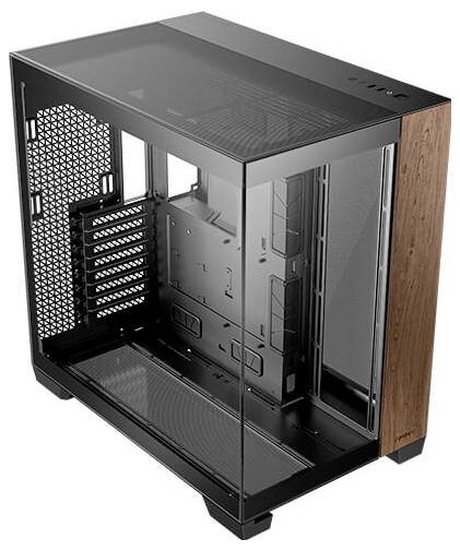 PC-Gehäuse mit transparenten Seitenwänden und hölzernem Akzent, zeigt Innenraum für Hardware-Komponenten.