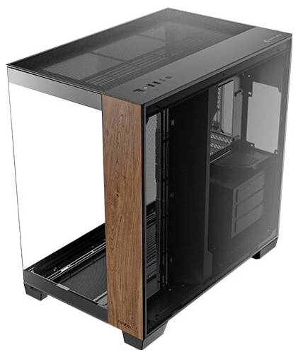 Ein PC-Gehäuse mit Glaswänden und Holzakzent, geeignet für die Präsentation von Computerkomponenten.