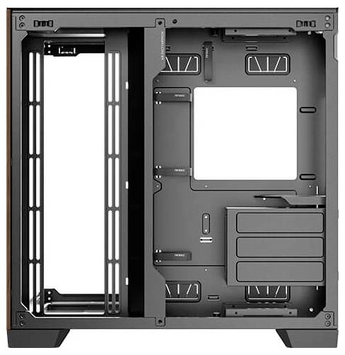 Ein offenes Computergehäuse ohne installierte Komponenten, mit Platz für ein Motherboard, Festplatten und andere Hardware.